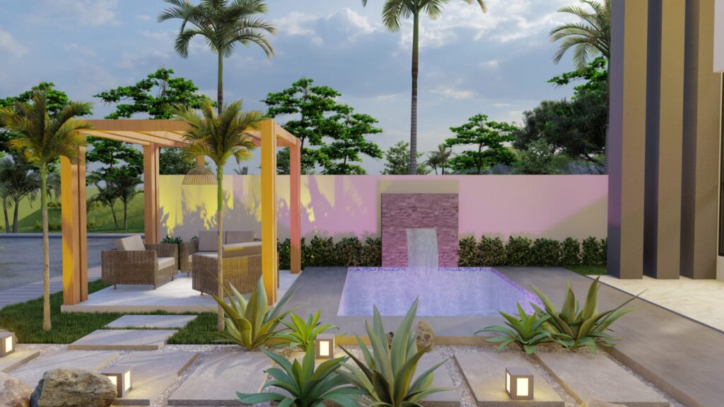 Vue piscine jardin